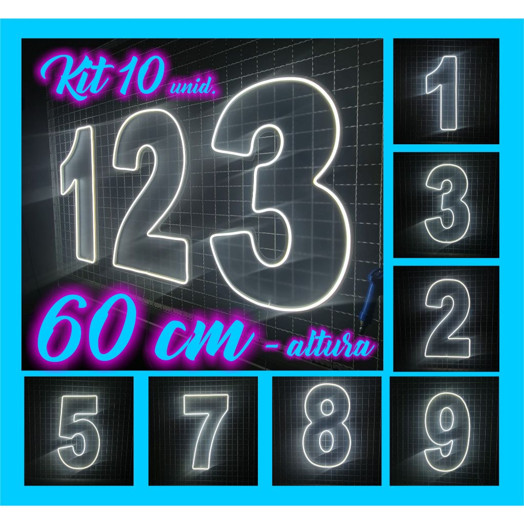 KIT 10 NÚMEROS LED NEON 60 CM PLACA LUMINOSA FESTA ANIVERSÁRIO