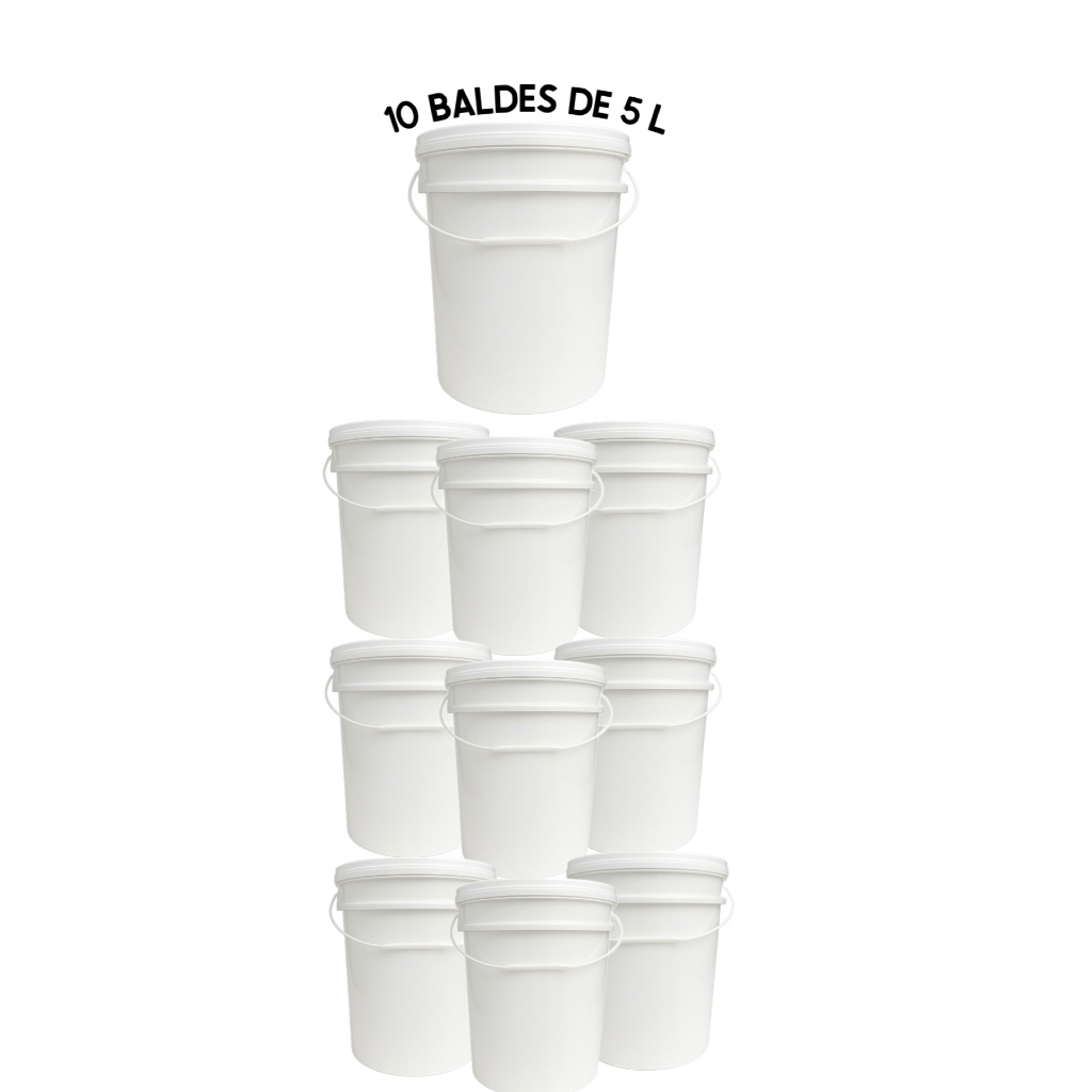 Kit 10 baldes brancos alimentício atóxicos com tampa hermética e lacre e alça 5 litros