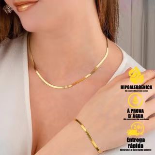 Conjunto de colar e pulseira feminino - Corrente de osso de cobra laminado, banhado a ouro
