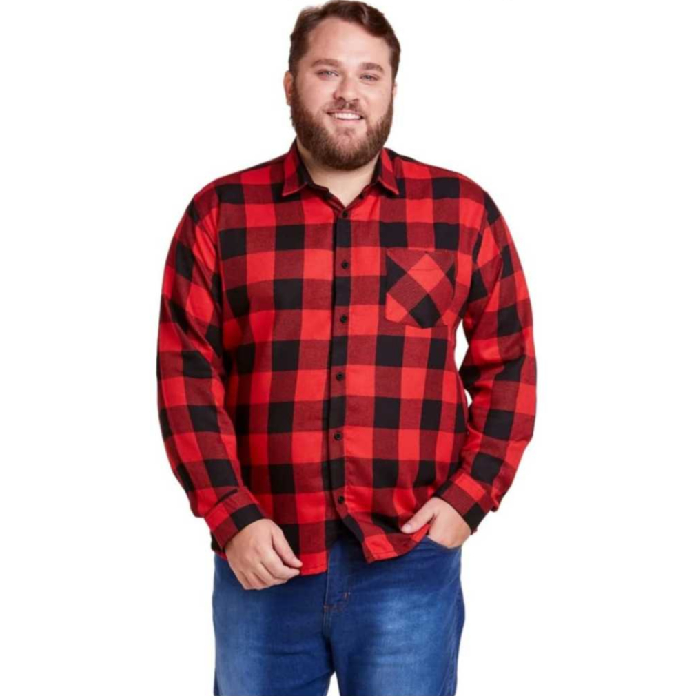 Camisa Masculina Xadres Pluz Size Flanela Manga Longa com bolso