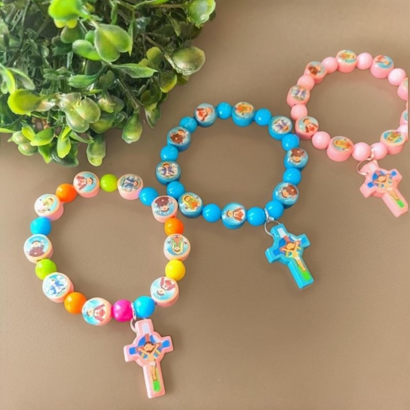 Pulseira Terço infantil Católico Com Elástico - Azul ou Rosa - Adorno Religioso - Catequeses Batizados