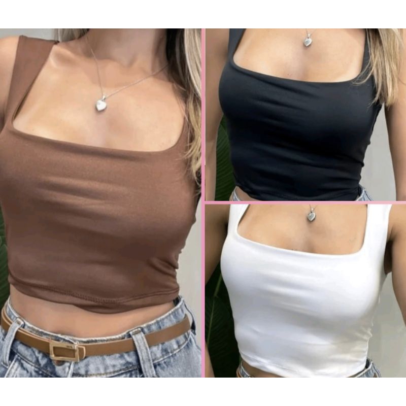 Kit 3 Conjunto Regata Cropped Moda Feminino Suplex Blusinha Gola Quadrada Top Tendência Verão Alça Grossa Simples Casual
