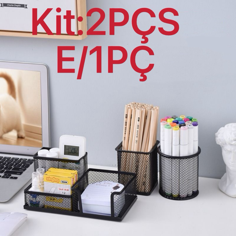 Porta Lápis + Porta Treco Organizador de Mesa de Escritório Kit caneta metal aramado em Oferta na Shopee