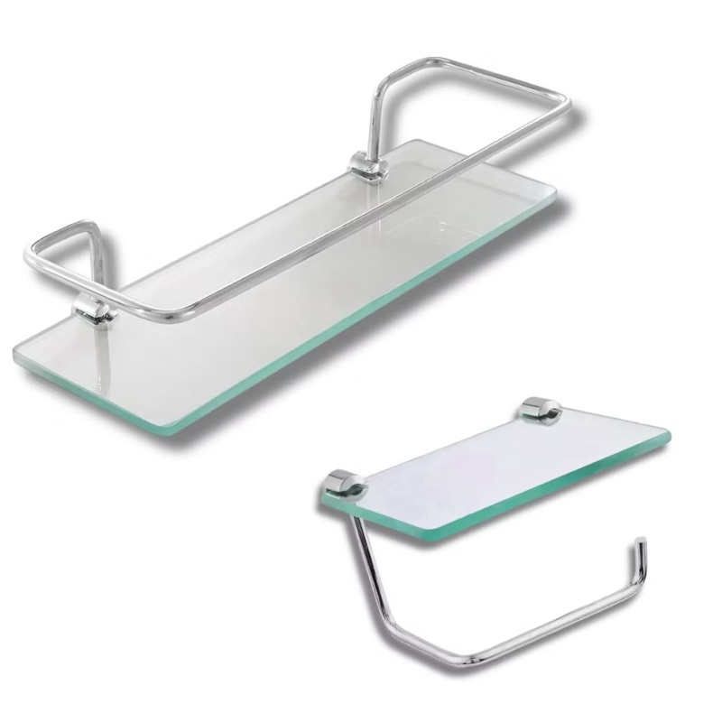 Combo Porta Shampoo Reto Vidro Incolor + Porta Papel Higiênico com Suporte para Celular Vidro Incolor