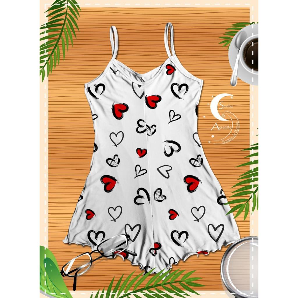 Pijama Feminino | Macaquinho com detalhe ondinha | Suede | CORAÇÕES | Branco
