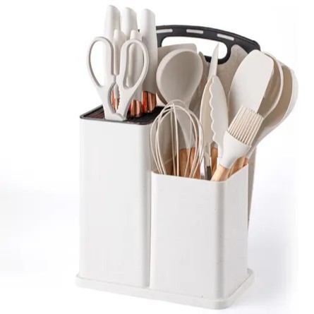 Kit Completo Jogo Utensílios de Cozinha Luxo 19 Peças Com Tábua em Silicone Espátula Faca Tesoura