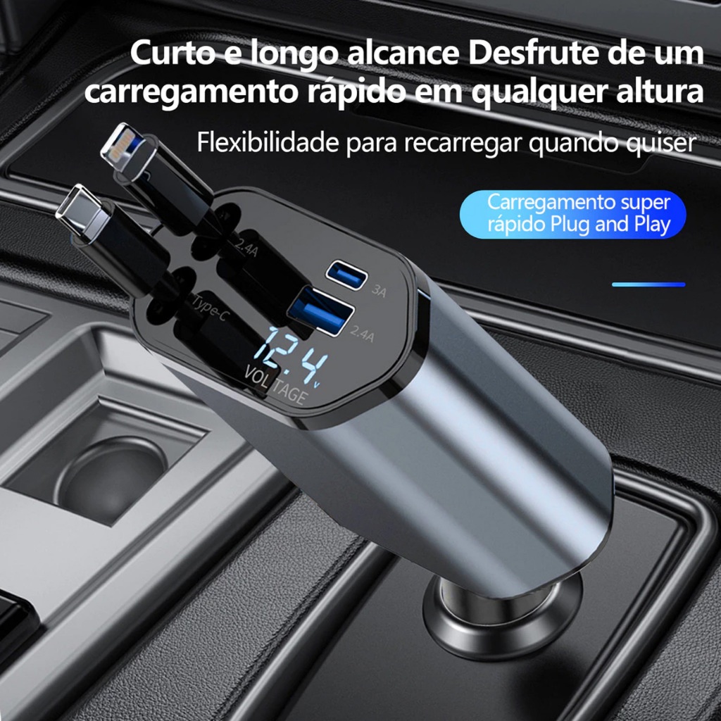 Carregador De Carro Telescópico universal 4 Em 1 Com Carregamento ultra Rápido , De Um A Quatro flash , Isqueiro em Oferta na Shopee