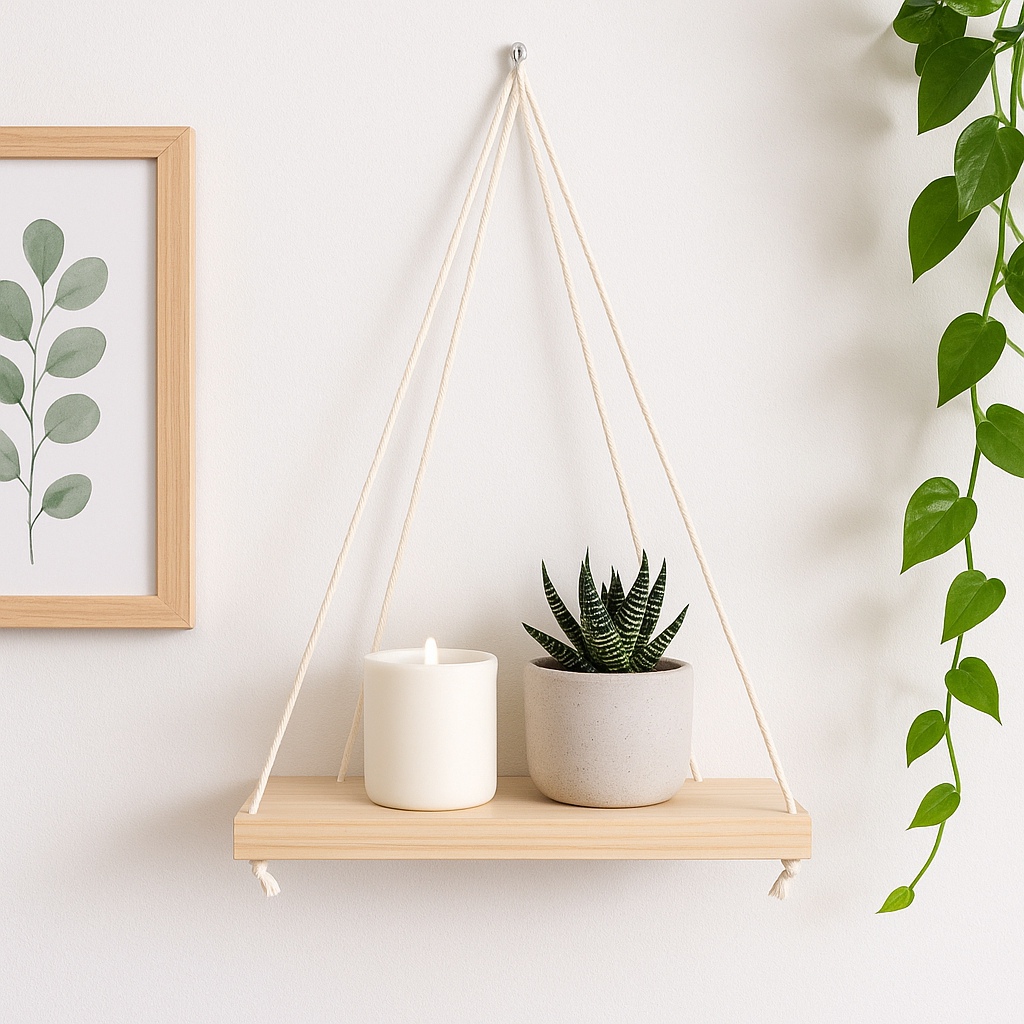 Prateleira de madeira suspensa nicho de parede 1 andar com corda rustica cordao de algodão quarto sala cozinha tendencia em Oferta na Shopee