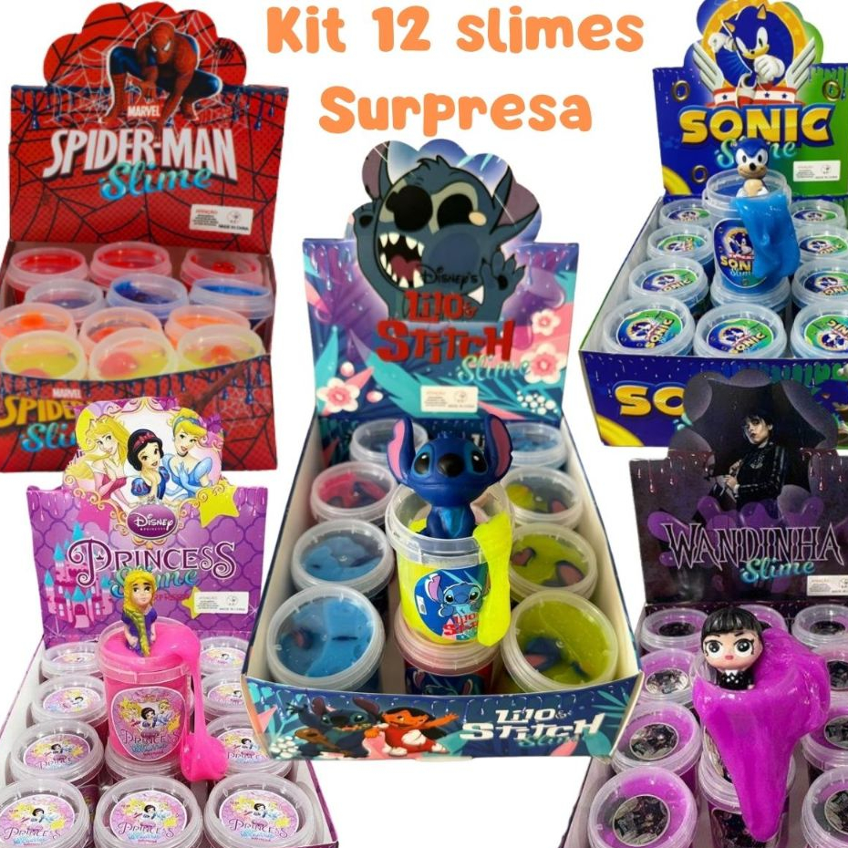 Kit 12 Slimes Surpresa Infantil Personagens – Stitch, Sonic, Wandinha, Princesas e Homem-Aranha lembrancinha aniversario