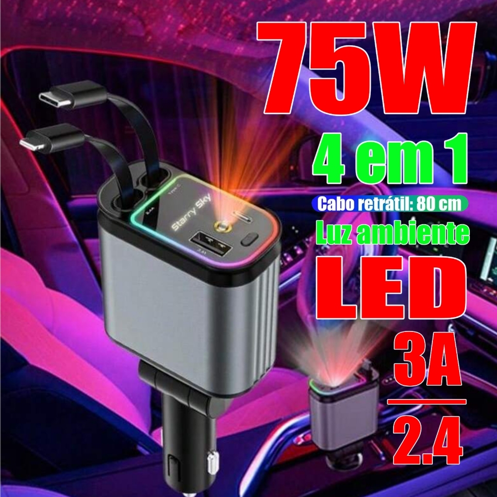 2025 B1 Cargador rápido para coche de 75W con proyector de cielo estrellado, cables de carga retráctiles, cargador USB
