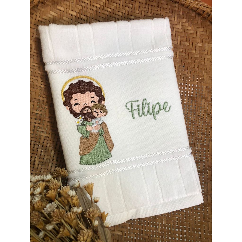 Toalha de mão bordada para lancheira escolar menino São José Jesus Menino com nome personalizado em Oferta na Shopee