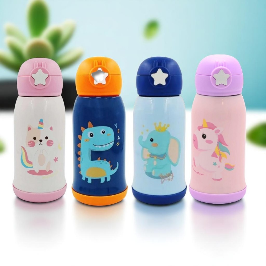 Garrafa Térmica Infantil com Canudo de Silicone e Trava Escolar Inox Estampa de Animais em Oferta na Shopee