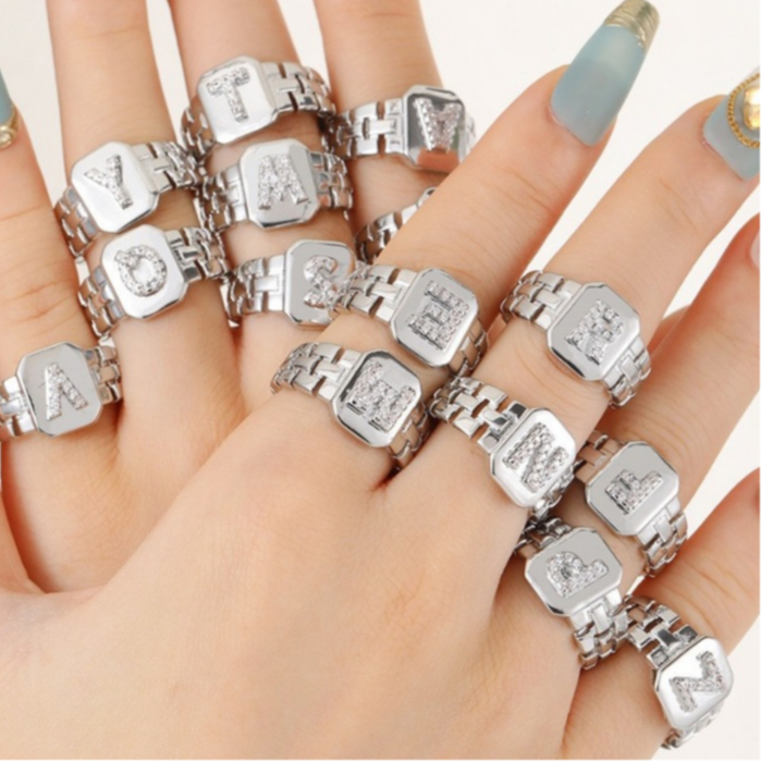Anel de letra Prata 925 Nova Chegada Moda Aberto Inicial Design Ajustável  Banhada em Prata 925 e Ouro 18k em Oferta na Shopee