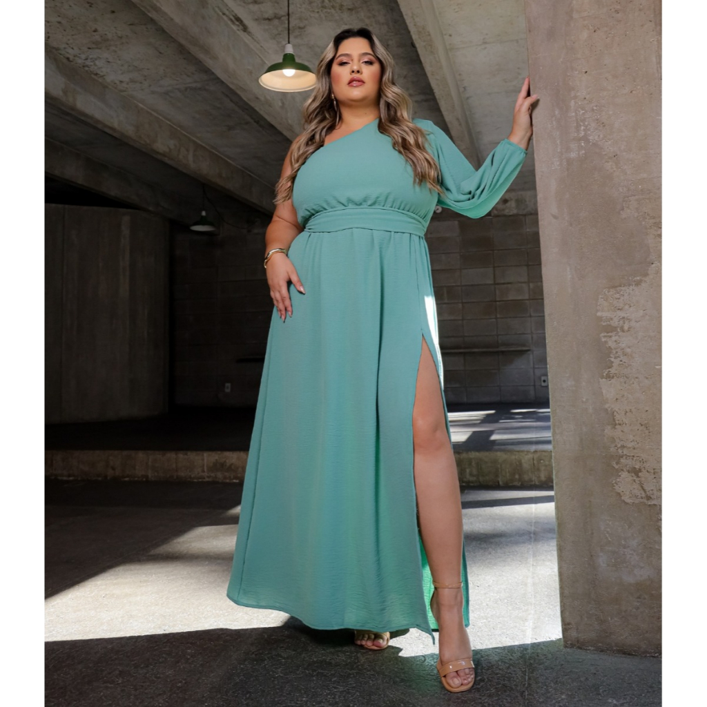 Vestido Longo Feminino Plus Size Manga Única Festa Madrinha Curve Premium