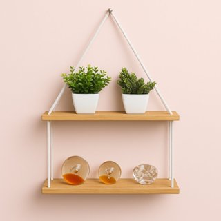 Prateleira suspensa madeira pinus 2 andares nicho de parede estante decorativa rustica cordão de algodão tendencia em Oferta na Shopee