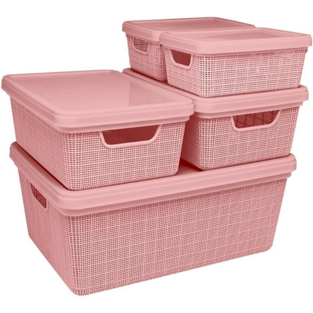 Kit 5 Caixas Organizadoras Trama Jaguar com Tampa (15L, 5L, 1.8L) - Várias Cores