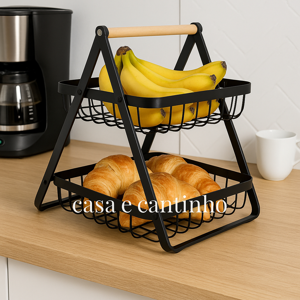 Fruteira de Mesa 2 Andares Ferro e Bambu Multiuso Organizador Cesto de Frutas Decorativa d...