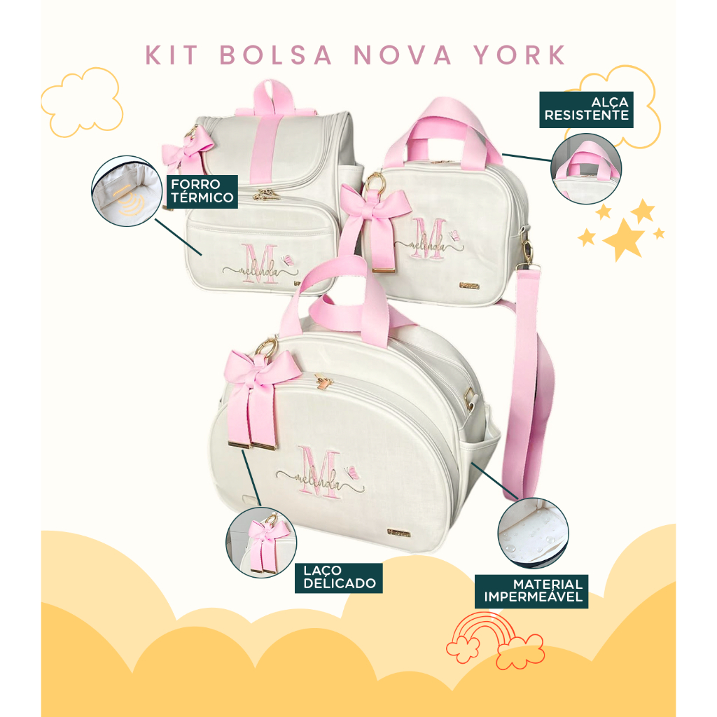 KIT BOLSA MATERNIDADE LUXO PERSONALIZADO (3 PEÇAS) – NOME GRÁTIS
