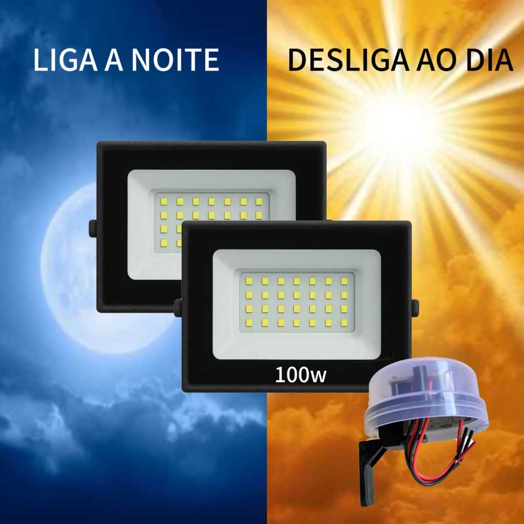 KITs Refletor 100w Holofote led com sensor fotocélula 500w acende a noite apaga ao dia automático