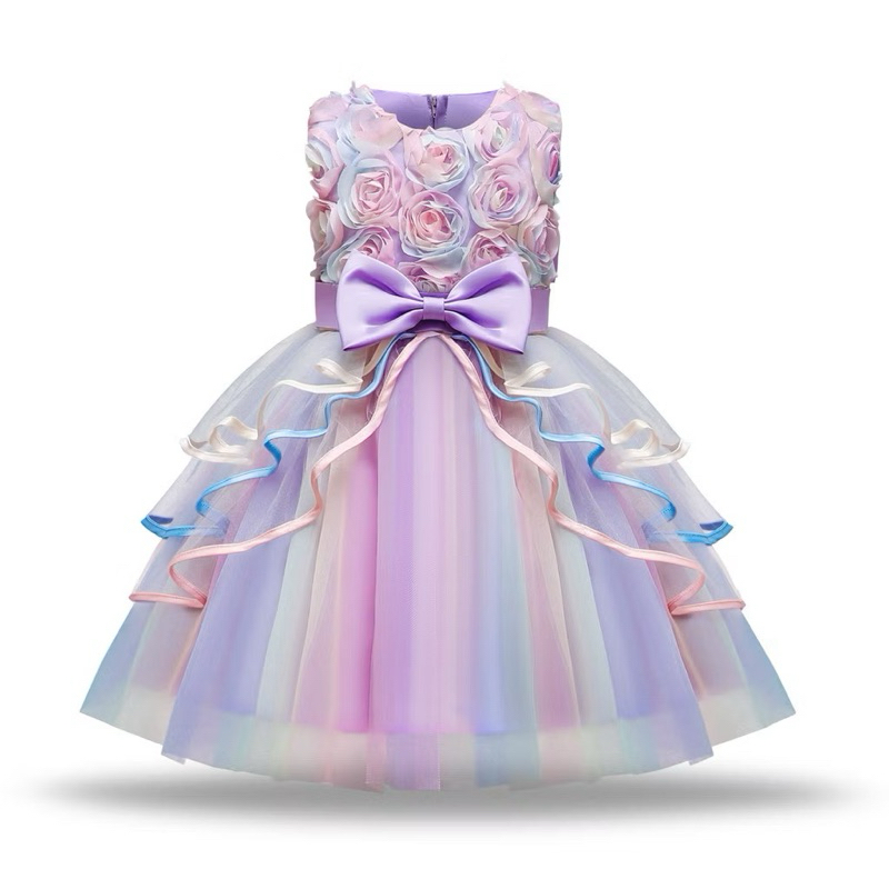 Vestido para Menina com Laço, Vestido Puff de Flor Rosa, Vestido de Princesa em Malha para Meninas