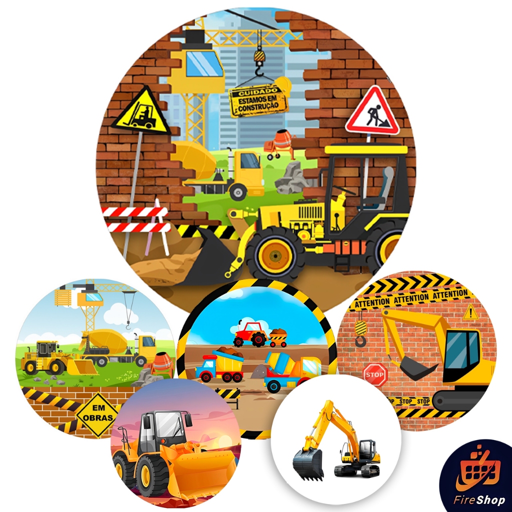 Capa Painel de festa 50x50 CM - VARIOS TEMAS - Trator em obras / Escavadeira / Construção - Tecido C/ Elástico FIRE SHOP