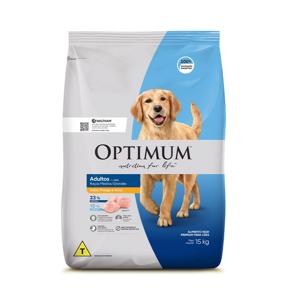 Ração Optimum Cães Adultos Raças Médias e Grandes sabor Frango e Arroz 15Kg em Oferta na Shopee