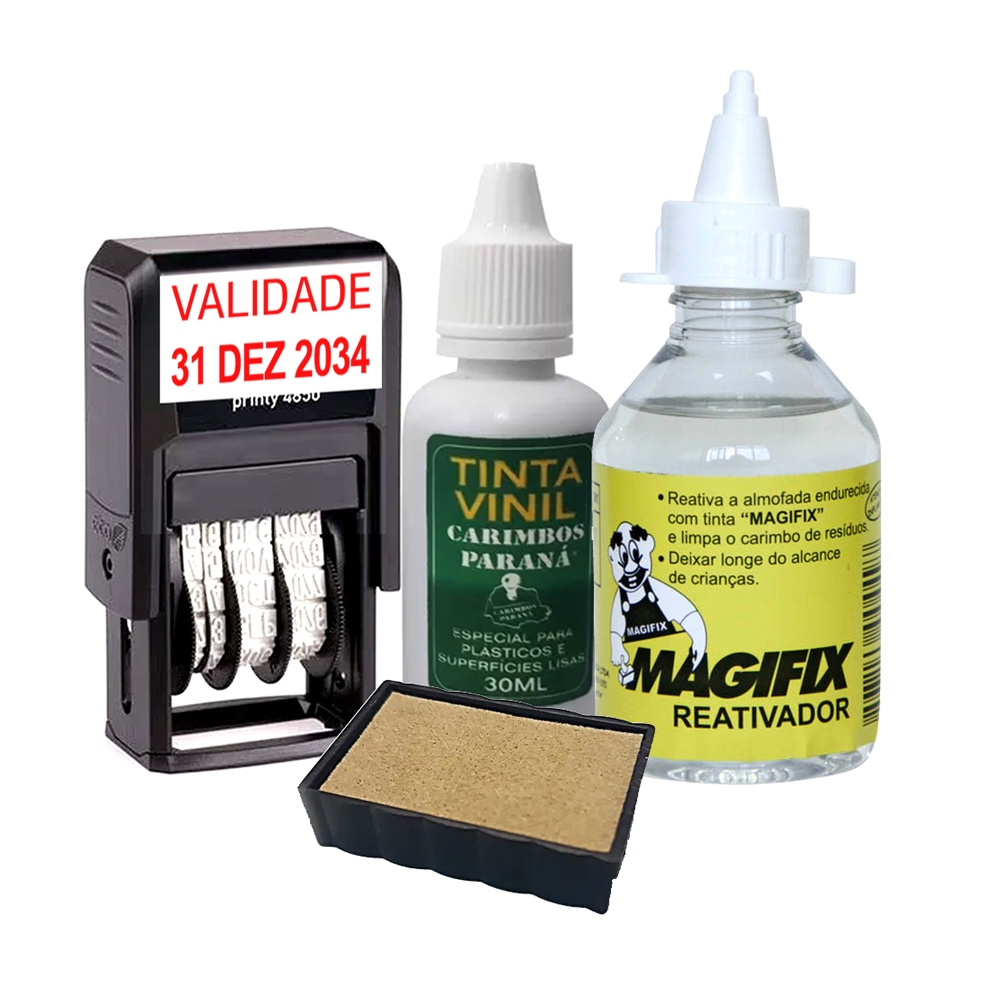 Carimbo de Validade Para embalagens plásticas  + Tinta Vinil e Reativador + Refil Extra em Oferta na Shopee