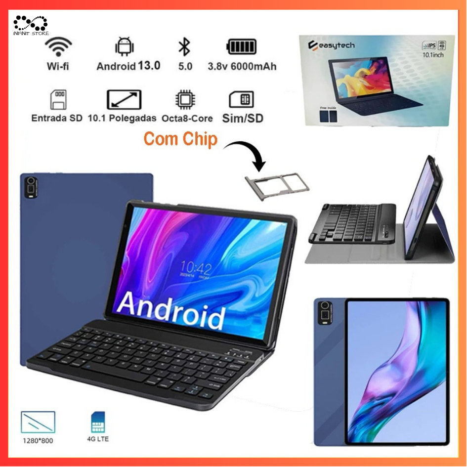 Tablet Com Teclado + Capa Entrada P/Chip Android 13.0 6GB De RAM 128GB Armazenamento