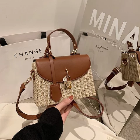 Novo estilo de costura contraste cor moda feminina bolsa de ombro bolsa de palha bolsa mensageiro