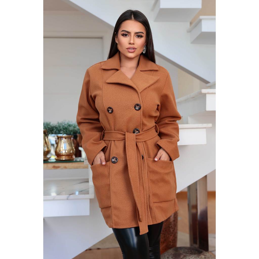 Casaco Sobretudo Feminino Lã Batida Blazer Social Longo com Cinto Botões e Bolso Moda Inverno M e GG