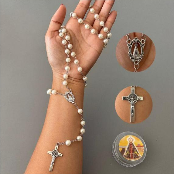 Terço Perola de Nossa Senhora Aparecida - 54 cm + Caixa Acrílica - OFERTA em Oferta na Shopee