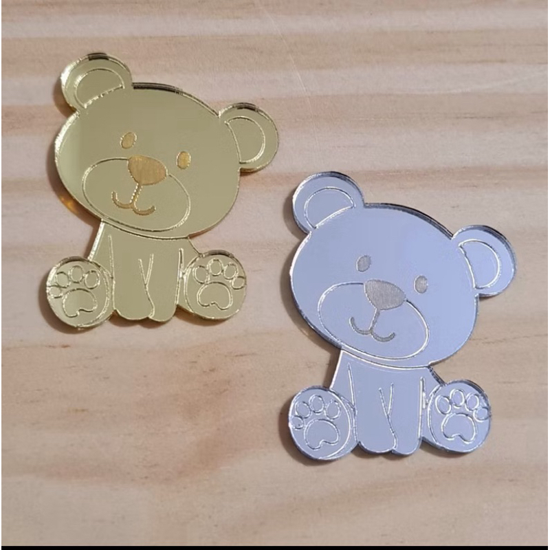 Aplique de Acrílico Espelhado 5cm | Ursinho Urso Pelúcia | Dourado ou Prata | Decoração, Lembrancinhas e Scrapbook