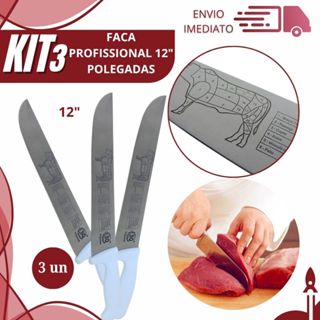Kit 3 Faca Inox Cabo Branco 12" Polegadas Para Cortar Carne de Açougue de Restaurante e Churrasco em Oferta na Shopee