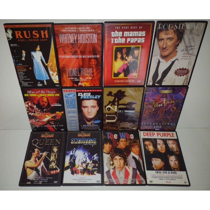 Dvd: Coleção de rock (Elvis, Deep Purple, Rod Stewart, Rush, The Who, Santana, Whitney Houston, U2 e outros - 10 dvds
