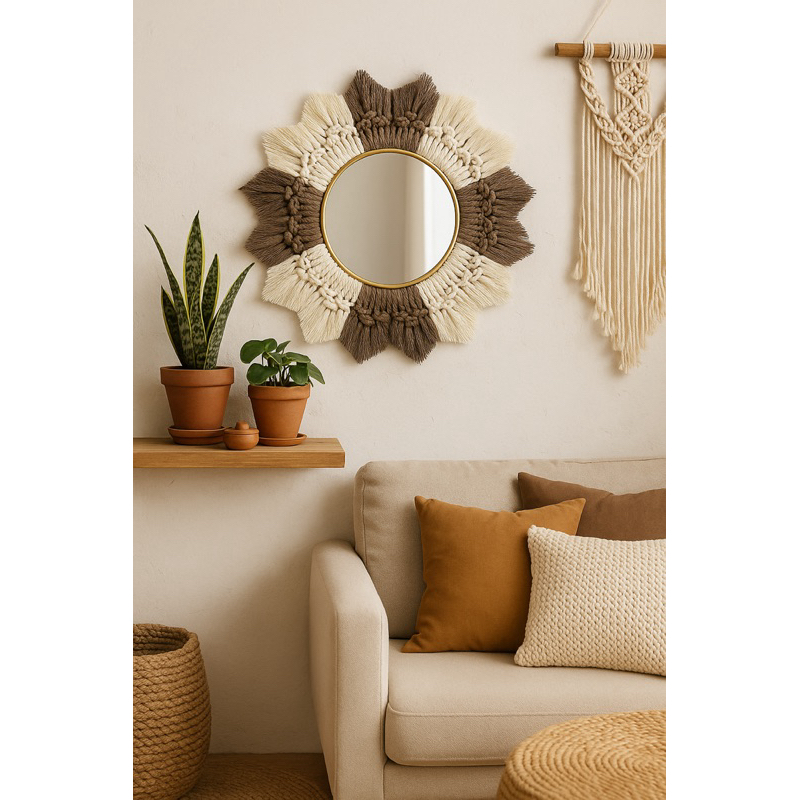 Espelho Mandala Macramê Boho 40cm Artesanal | Decoração Parede Elegante | Boho chic | Decoração moderna