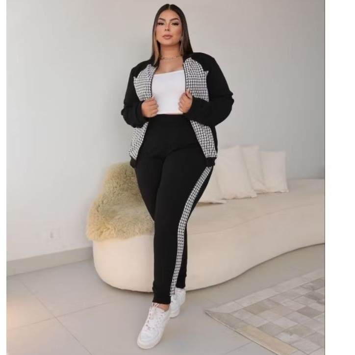 Conjunto De Frio Feminino plus size bicolor Blusa com ziper malha crepe conjunto de inverno plus size feminino