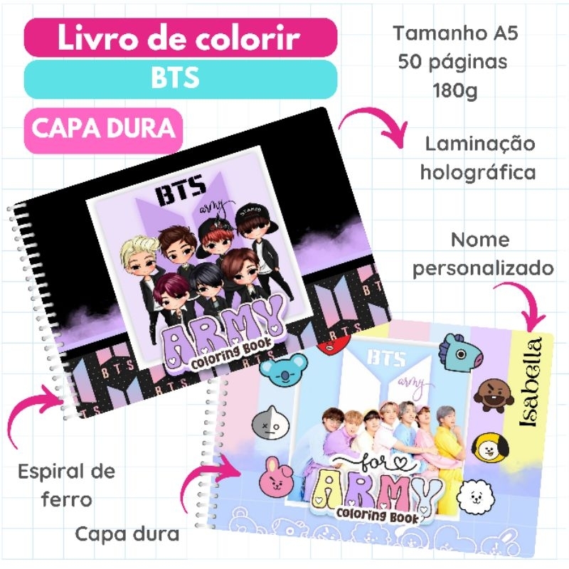 Livro de colorir BTS capa DURA holográfica papel 180g A5 nome personalizado