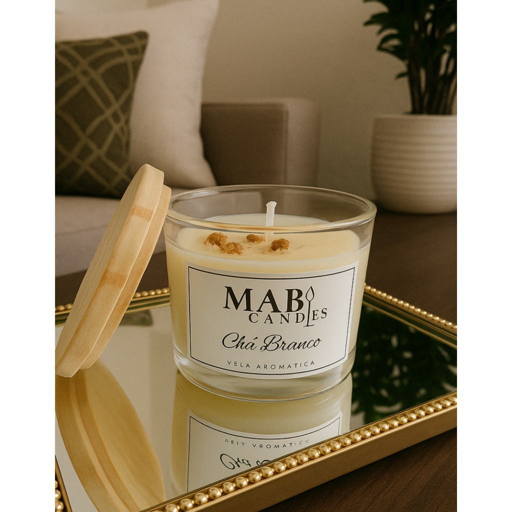 Vela Aromática Chá Branco Essência  PREMIUM  100 g   Pote Vidro Tampa Madeira