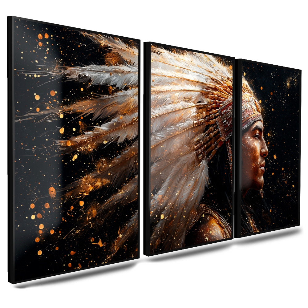 Quadro Decorativo Pajé Índio Cocar Dourado Luxo Sala Quarto