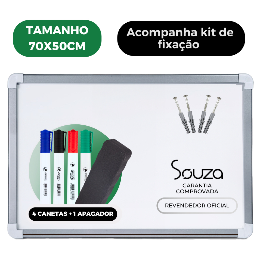 Quadro Branco Lousa Branca 70x50cm Moldura Alumínio + 4 Canetas + 1 Apagador em Oferta na Shopee