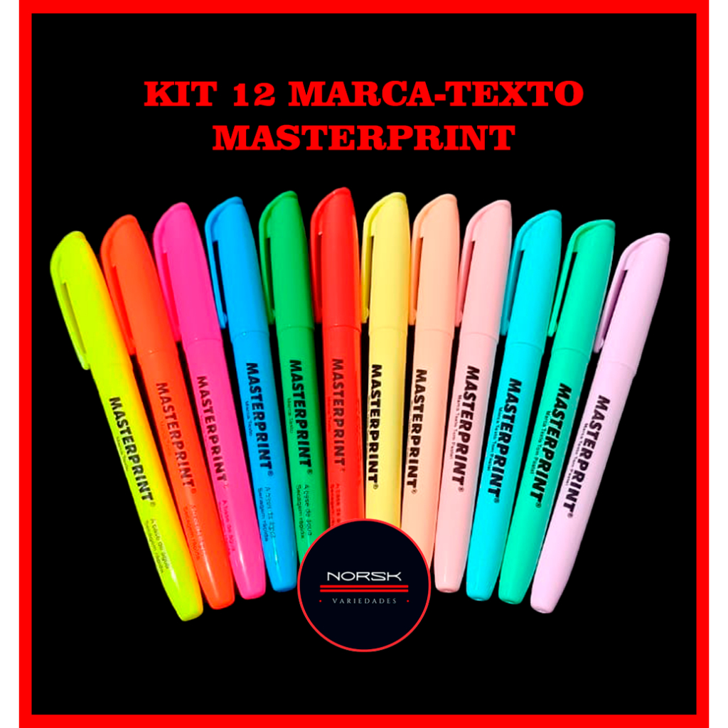 Kit Marca‑Texto Masterprint 12 Cores (6 Neon + 6 pastel) canetas canetinhas coloridas Masterprint