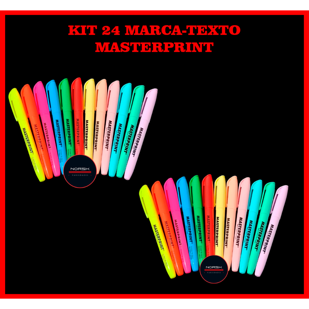 Kit Marca‑Texto Masterprint 24 Cores canetas canetinhas coloridas (12 Neon + 12 pastel) Masterprint em Oferta na Shopee