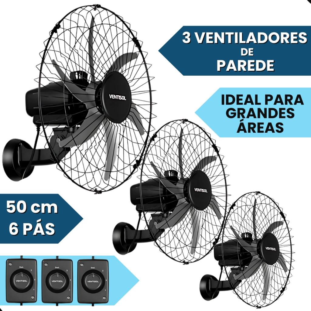 Kit 3 Ventilador Parede 50cm Ventisol 6 Pás 200w Bivolt Steel Para Galpão Academia Igreja Escola em Oferta na Shopee