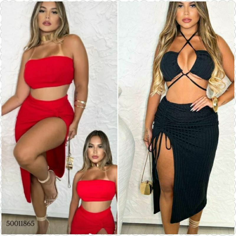 Conjunto Feminino Sofisticado Cropped Amarrações Tomara que Caia + Saia Midi com Fenda