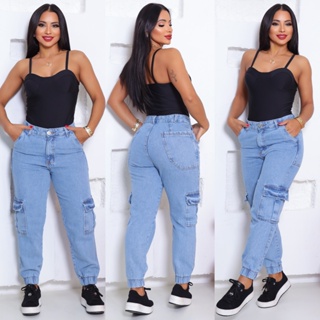 Calça Jeans Jogger Cargo Cintura Alta em Oferta na Shopee