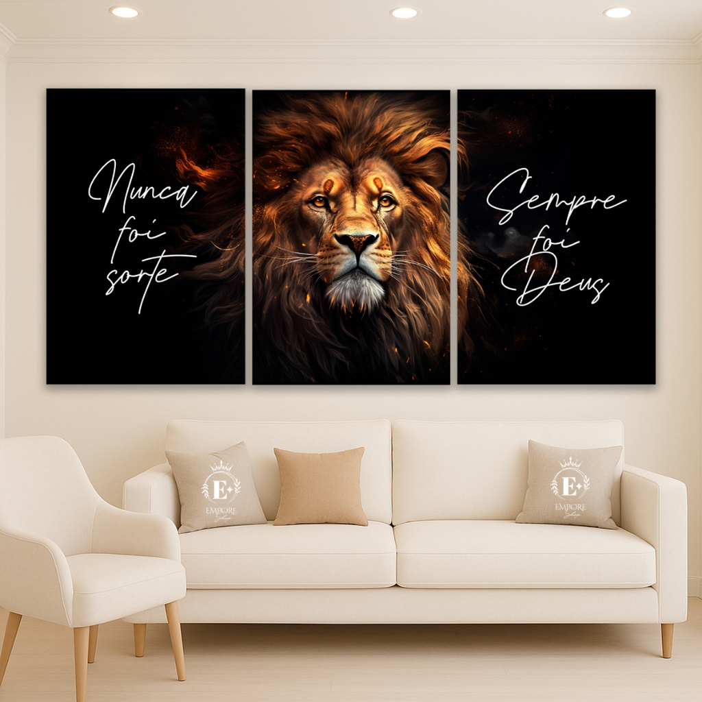 Quadros Decorativos Nunca Foi Sorte Sempre Foi Deus Leão Religioso Cristão 3 Peças