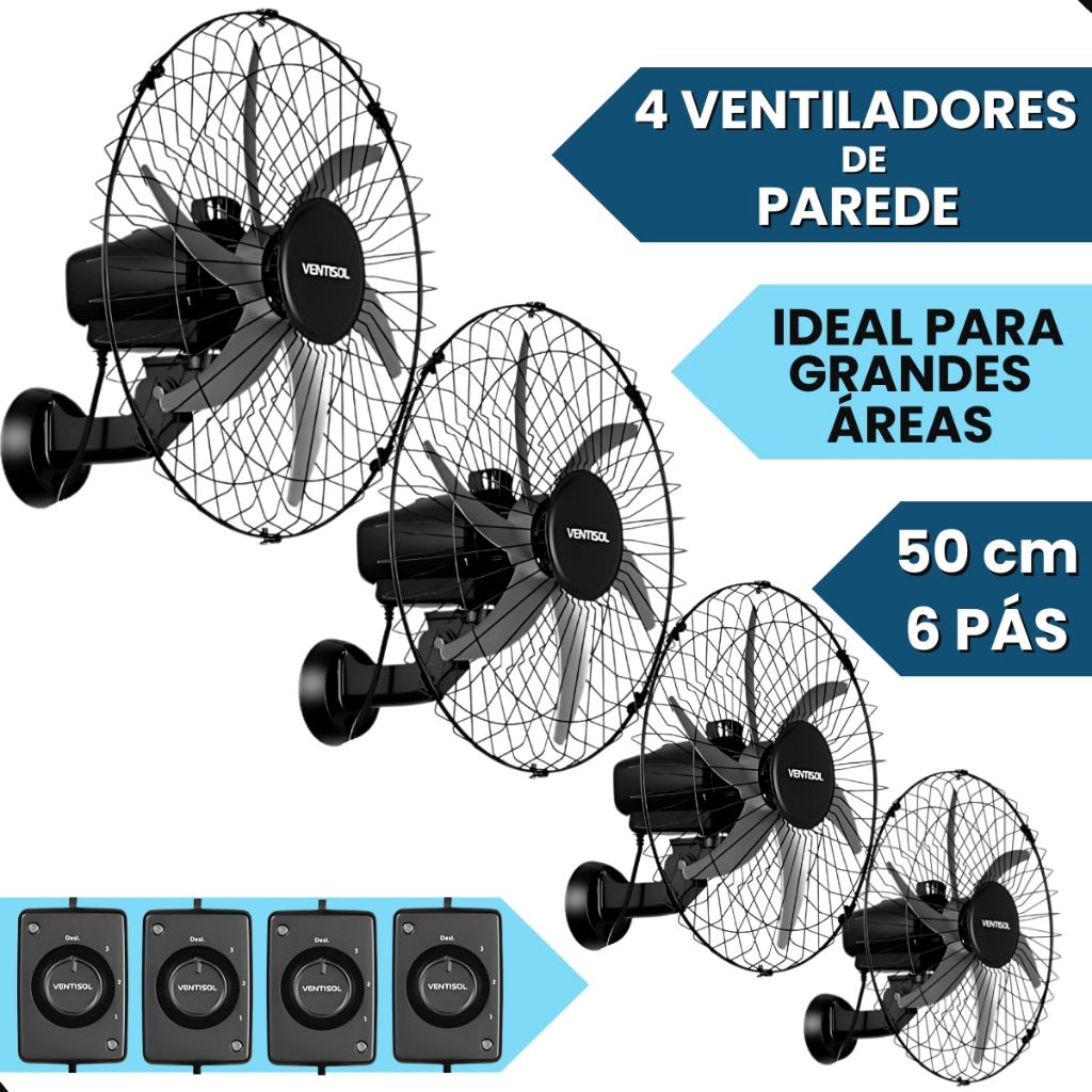 Ventilador De Parede 50cm 110v e 220v Ventisol ( Kit 4 Un ) Stell 6 Pas - Ideal Para Academia Igreja em Oferta na Shopee