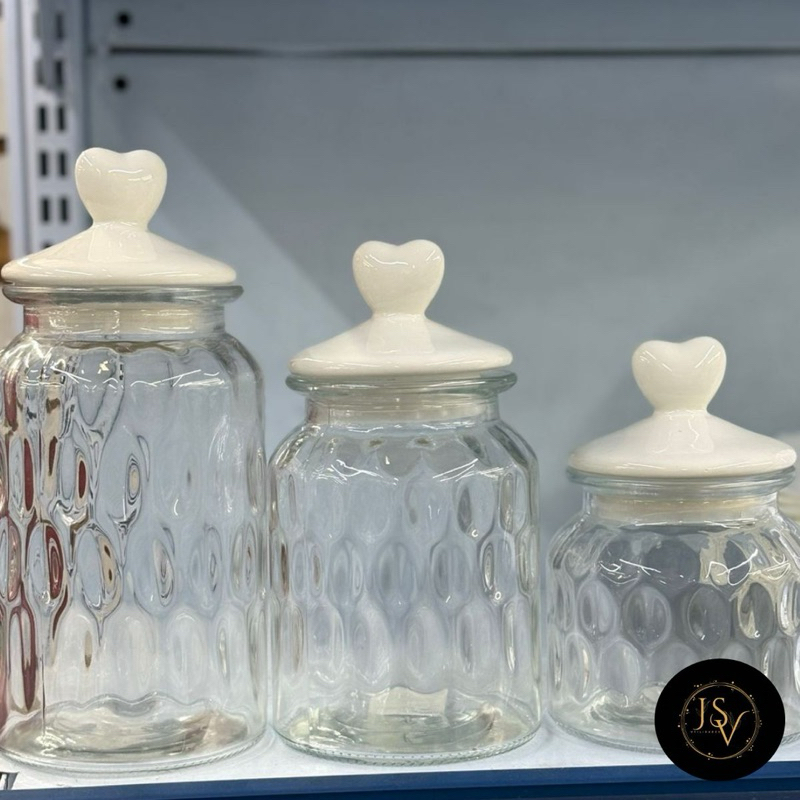 kit 3 Pote Hermética de Vidro com Tampa Em Ceramica de Coração Branca Porta Balas/Doces/Grãos 620mL/950mL/1350mL