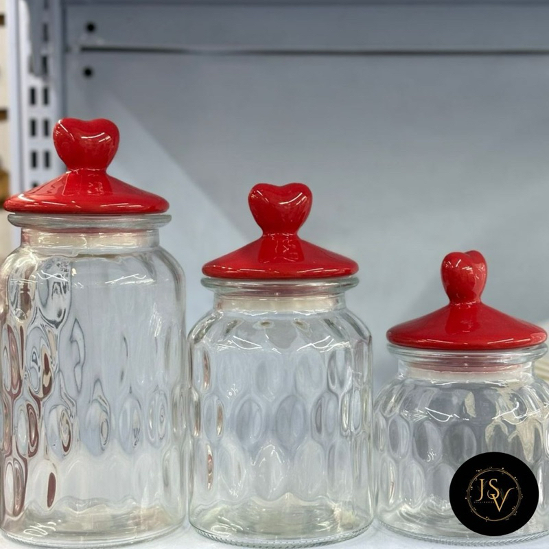 kit 3 Pote Hermética de Vidro Com Tampa Em Ceramica de Coração Vermelho Porta Balas/Doces/Grãos 620mL/950mL/1350mL
