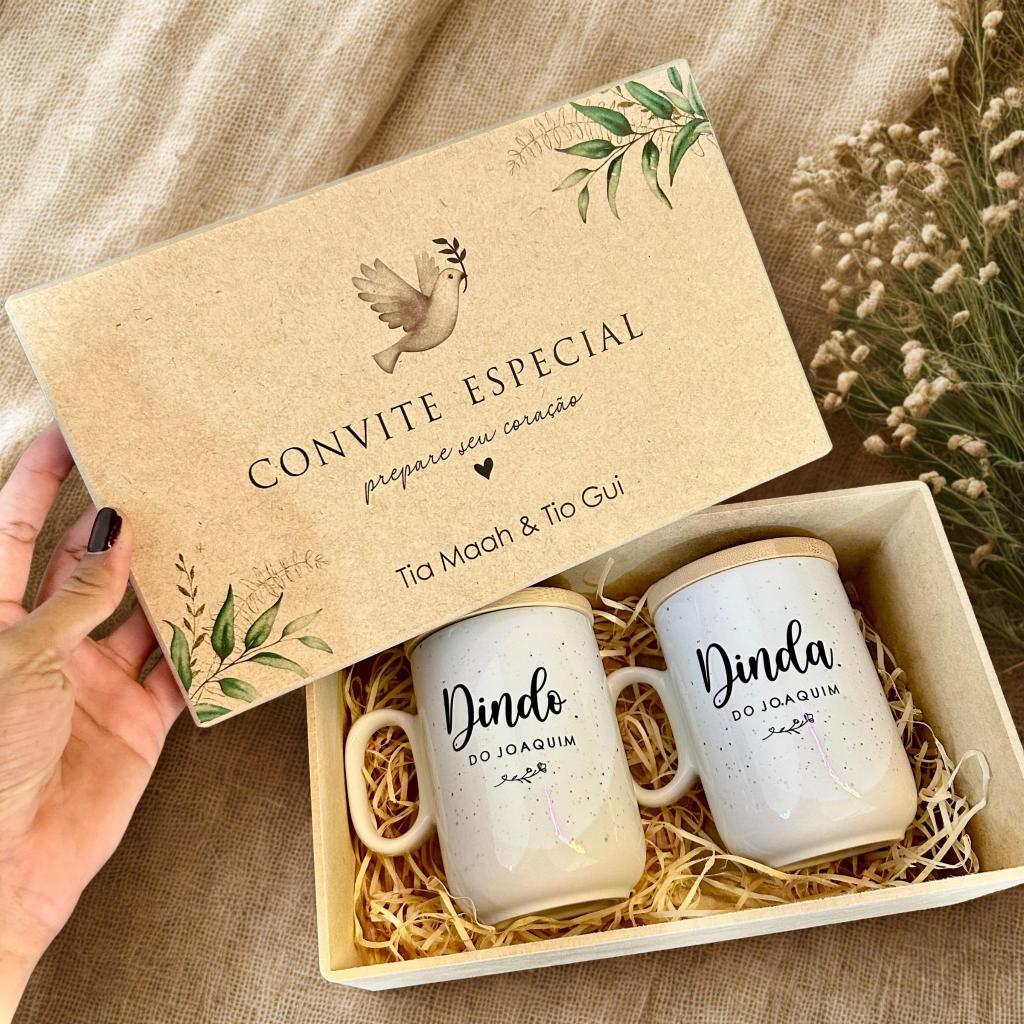 Kit Caixinha MDF e Caneca Personalizada Para Batismo, Dinda, Dindo, Padrinho, Madrinha Lux...